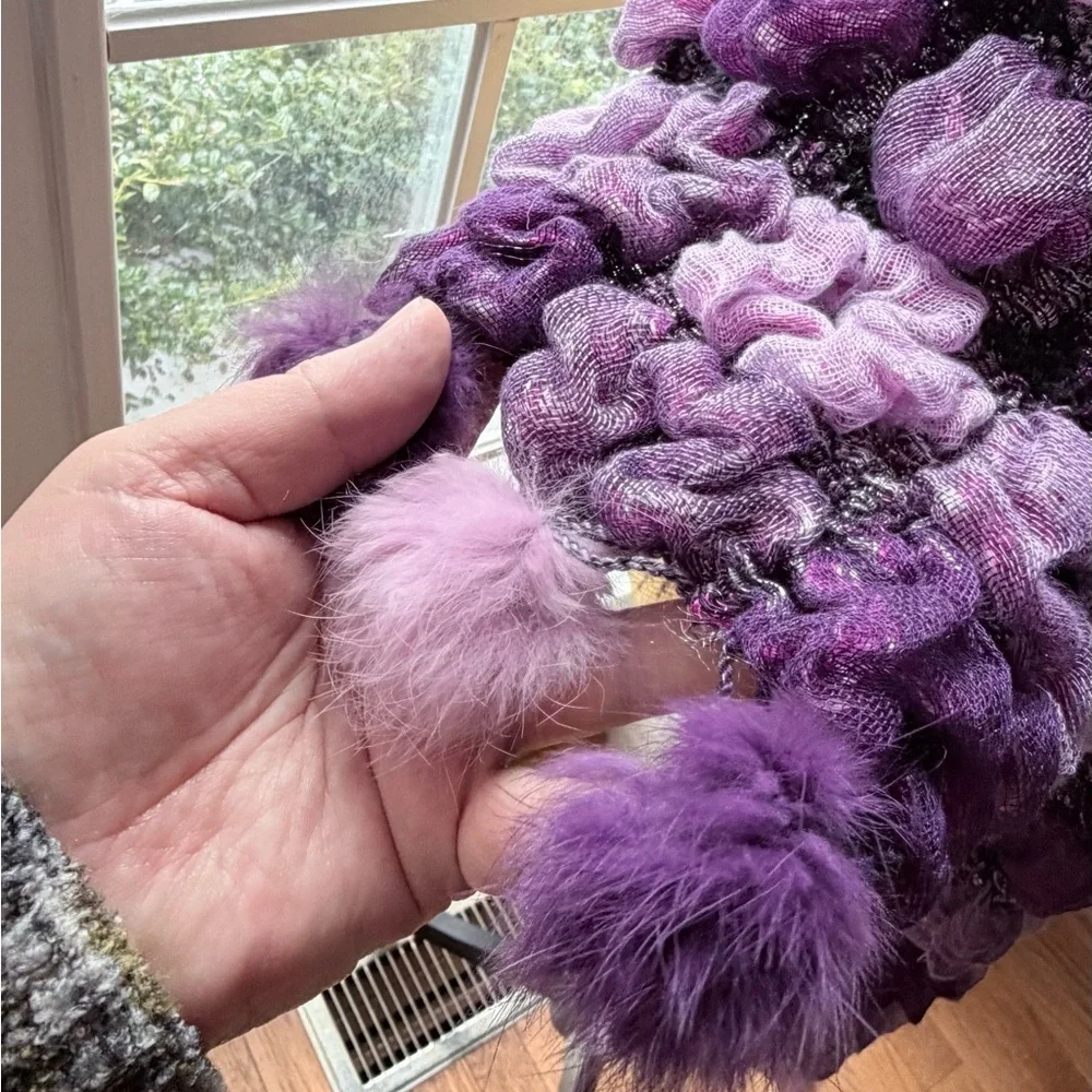 Luxurious Purple Art  Scarf with real fur
